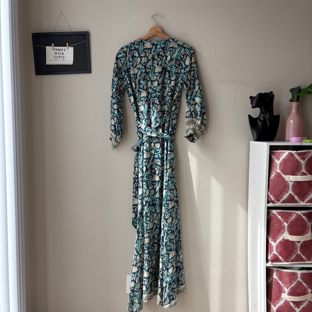 Natalie Martin Dress Silk Floral Wrap Long‎ Sleeve Kate Blue Maxi Dress S - Picture 8 of 11